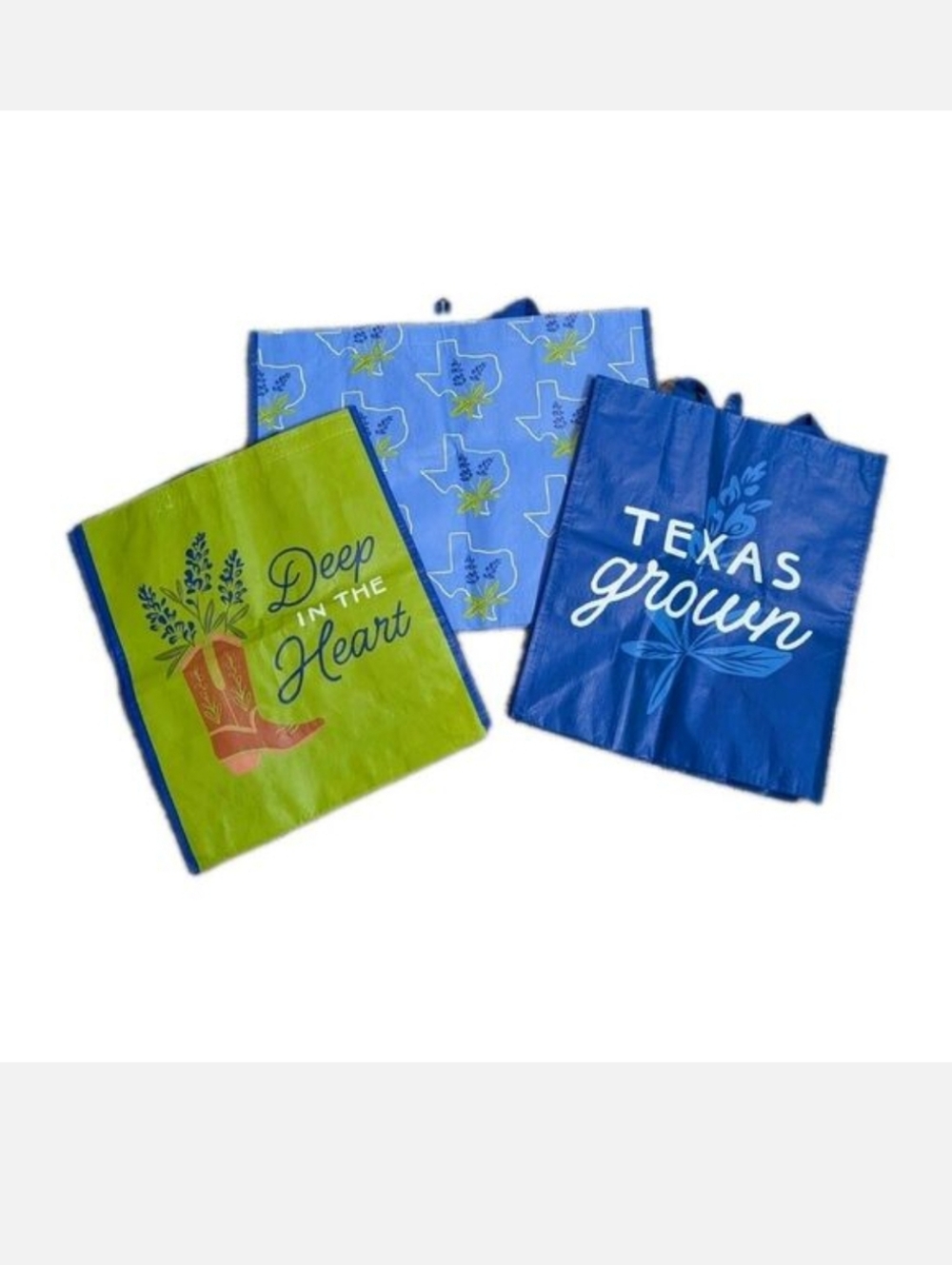 Set Of 3 Texas Reusable Shopping Bags With Bluebonnets